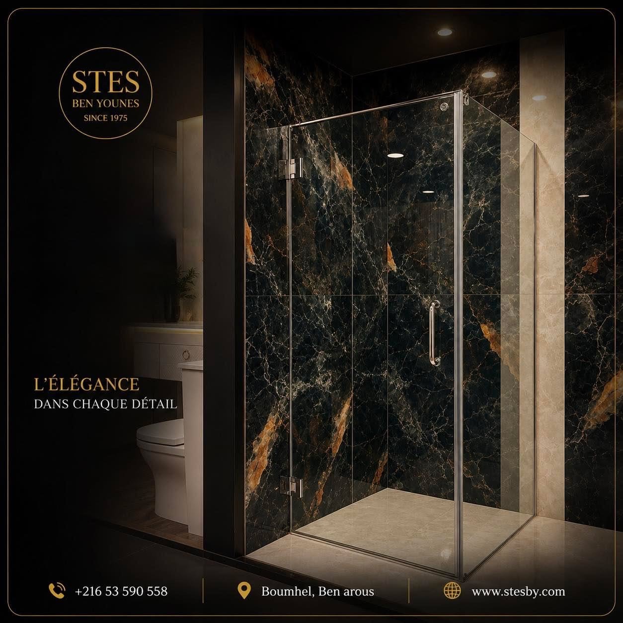 Showroom STES — marbre noir et douche cristal